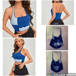 PETITE Colorblock Backless Crop Halter Top Blue M6